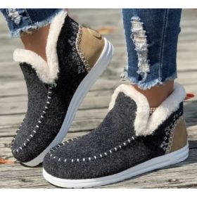 Fleece-lined Thick Plush Boots Warm Sewing Flat Cotton Shoes Winter Ankle Boot (Option: Dark Gray-37)