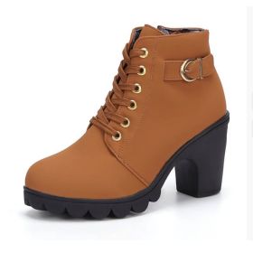 Fashoin Leopard Print Ankle Square Heel Suede Lace-up Zip Boots Women Casual Versatile Shoes Autumn And Winter (Option: Yellow-37)