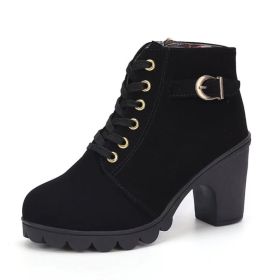 Fashoin Leopard Print Ankle Square Heel Suede Lace-up Zip Boots Women Casual Versatile Shoes Autumn And Winter (Option: Black-38)