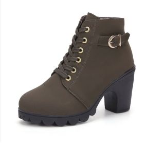Fashoin Leopard Print Ankle Square Heel Suede Lace-up Zip Boots Women Casual Versatile Shoes Autumn And Winter (Option: Army Green-38)