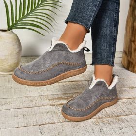 Fashion V-cut Plush Ankle Boots Winter Plus Velvet Flat Snow Boot Casual Warm Solid Suede Cotton Shoes For Women (Option: Dark Grey-Size36)