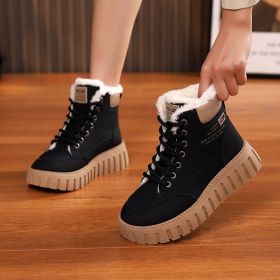 Ins Lace-up Snow Boots Winter Warm Fleece Flat Shoes For Women Fashion Casual Plush Ankle Boot (Option: Black-Size36)
