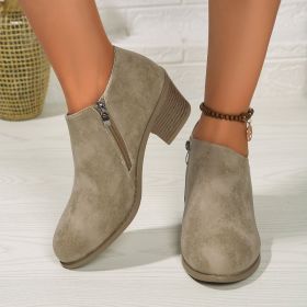 Chunky Heel Round Toe Ankle Boots With Side Zipper Design Fashion Fall Winter Short Boots For Women Shoes (Option: Khaki-37.)