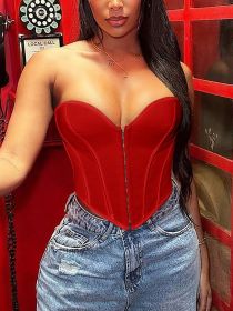 2025 Women's All Season Slim Sexy Bandeau Hook&Eye Solid Plunging-Neck Top Shaping Garment (Color: Red, size: XL)