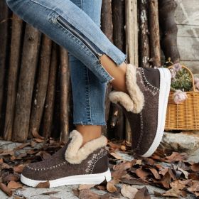 Fleece-lined Thick Plush Boots Warm Sewing Flat Cotton Shoes Winter Ankle Boot (Option: Brown-43)