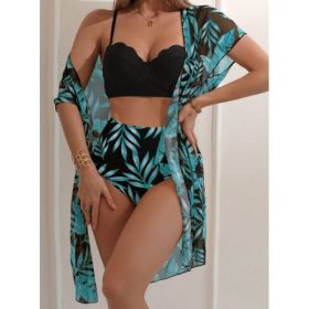 Women's Maple Leaf Printed High Waist Mesh Bikini Suit (Option: Black-XL)