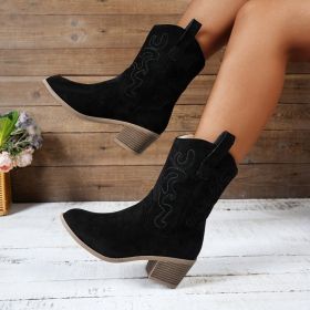 Pointed Toe Western Boots Fashion Retro Embroidered Chunky Square-heeled Mid-calf Boot For Women (Option: Black-39)