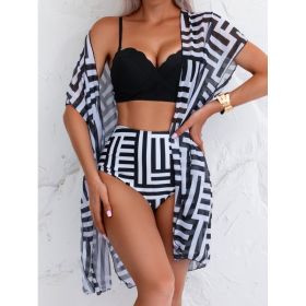 Women's Maple Leaf Printed High Waist Mesh Bikini Suit (Option: Black Stripes-XL)