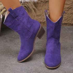 Pointed Toe Western Boots Fashion Retro Embroidered Chunky Square-heeled Mid-calf Boot For Women (Option: Purple-39)