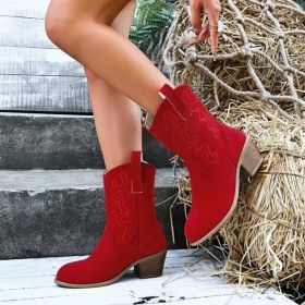 Pointed Toe Western Boots Fashion Retro Embroidered Chunky Square-heeled Mid-calf Boot For Women (Option: Red-40)
