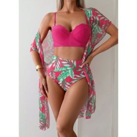 Women's Maple Leaf Printed High Waist Mesh Bikini Suit (Option: Rose Red-XXXL)